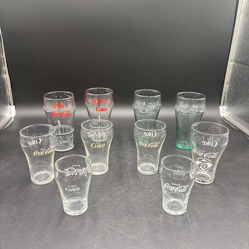 Vtg Rare Mixed Lot of 10 Coca Cola Glasses & Metal Cup‎ Handles Coke